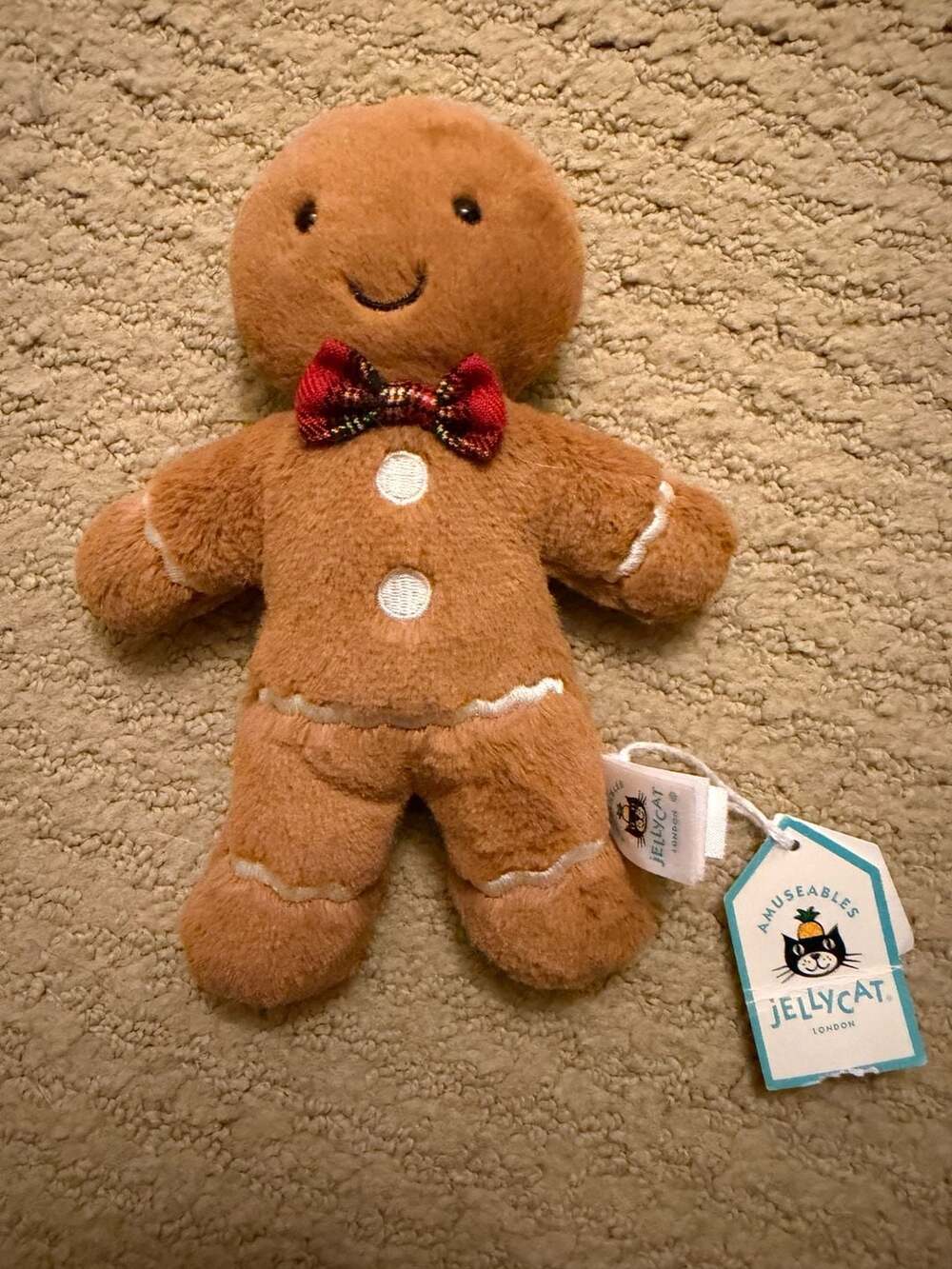 NWT Jellycat Amuseables Jolly Gingerbread Fred Original Plush with Plaid Bow tie